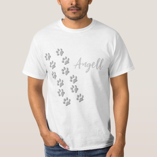 Silver Dog Paws Schwarzer Hintergrund Print Patter T-Shirt (Vorderseite)