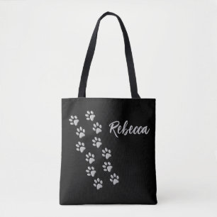 Silver Dog Paws Schwarzer Hintergrund Print Patter Tasche