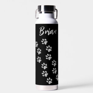 Silver Dog Paws Schwarzer Hintergrund Print Patter Trinkflasche