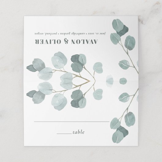 Silver Dollar Eukalyptus Wedding Platzkarte (Außenseite Aufgefaltet)