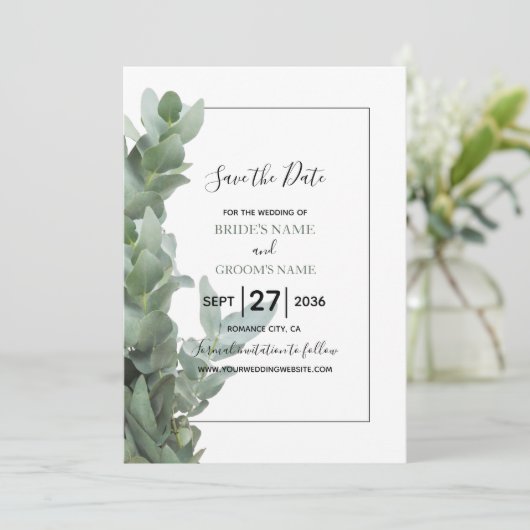 Silver Dollar Eukalyptus Wedding Save the Date (Stehend Vorderseite)