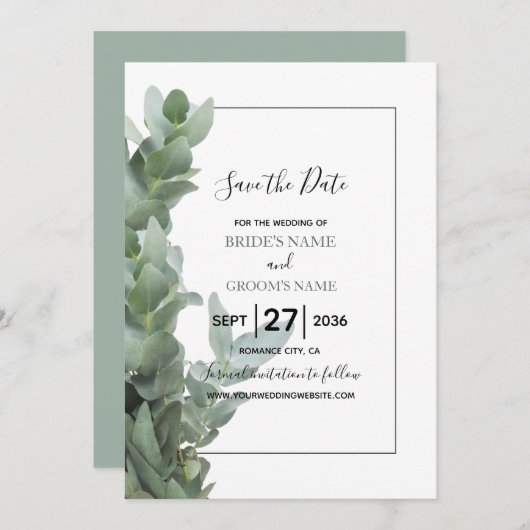 Silver Dollar Eukalyptus Wedding Save the Date (Vorne/Hinten)
