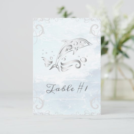 Silver Dolphin Wedding Table Card Einladung (Stehend Vorderseite)