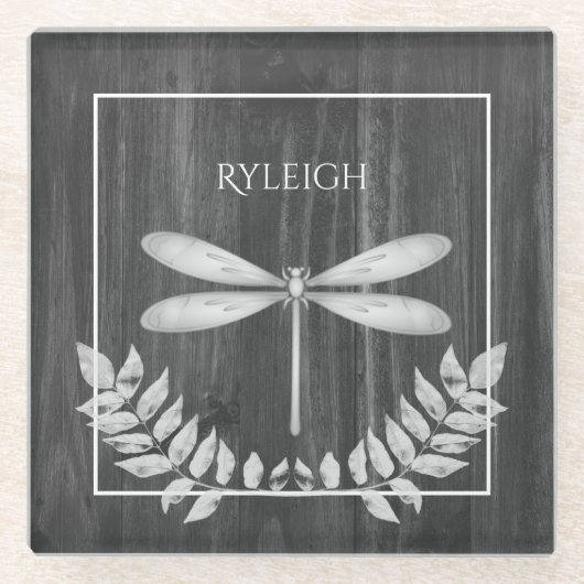 Silver Dragonfly Rustikaler Personalisierter Unter Glasuntersetzer (Vorderseite)