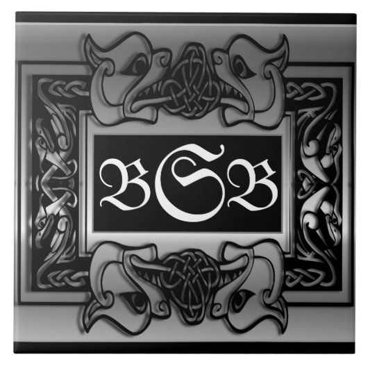 "Silver Dragons Breath" 3 Initial Monogram Tile Fliese (Vorderseite)