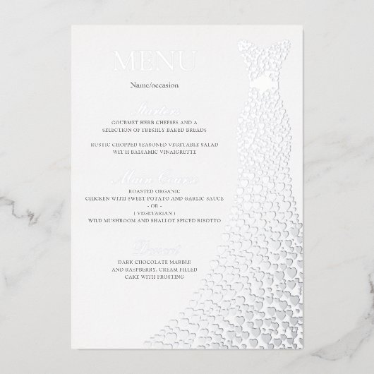Silver Dress Birthday Party oder Brautparty Menu Folieneinladung (Vorderseite)