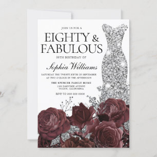 Silver Dress Burgundy Rose 80. Geburtstagsparty Einladung