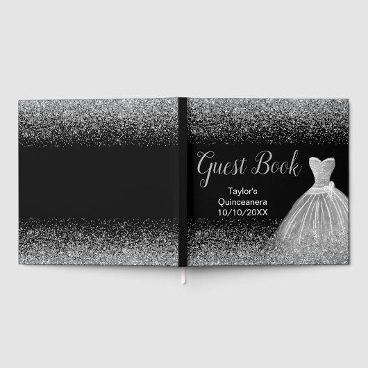 Silver Dress Faux Glitter Quinceanera Gästebuch (Voll)