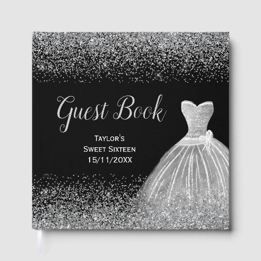 Silver Dress Faux Glitter Sweet 16 Gästebuch (Vorderseite)
