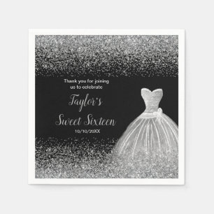 Silver Dress Imitate Glitzer Sweet 16 Geburtstag Serviette