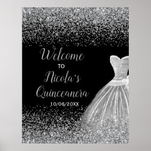 Silver Dress Imitats Glitzer Quinceanera Willkomme Poster