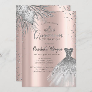 Silver Dress, Pampas Blume Rose Gold Quinceañera Einladung