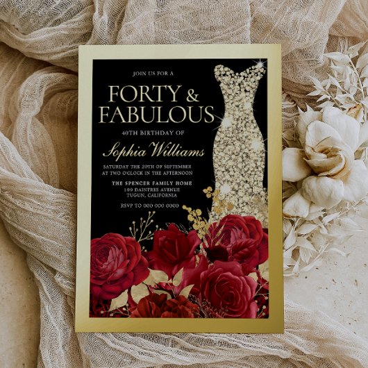 Silver Dress, Red Roses & Black 40th Birthday Gold Folieneinladung