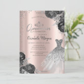 Silver Dress Rose Diamonds Rose Gold Quinceañera Einladung (Stehend Vorderseite)