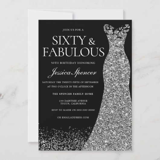 Silver Dress Sixty & Fabulous 60. Party Schwarz Einladung (Vorderseite)