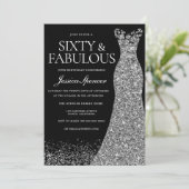 Silver Dress Sixty & Fabulous 60th Party Black Einladung (Stehend Vorderseite)