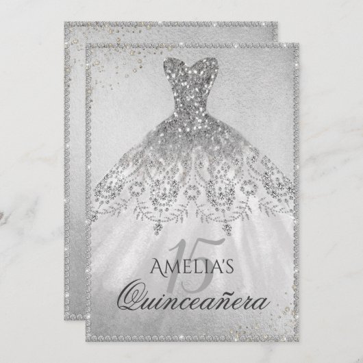Silver Dress Sparkle Quinceanera Einladung (Vorne/Hinten)