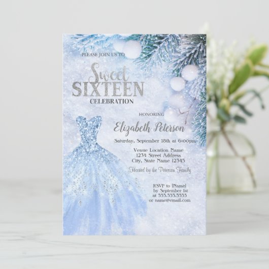 Silver Dress Winter Wonderland Sweet 16 Party Einladung (Stehend Vorderseite)