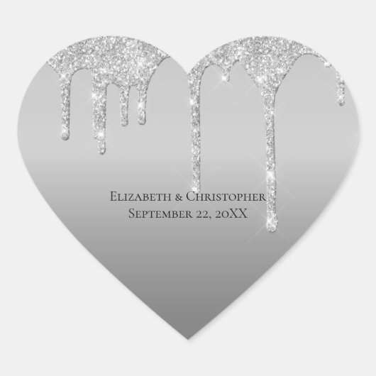 Silver Dripping Glitzer Glam Elegante Wedding Herz-Aufkleber (Vorderseite)