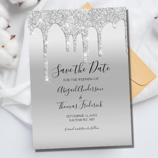 Silver Dripping Glitzer Glam Trendy Elegant Save The Date