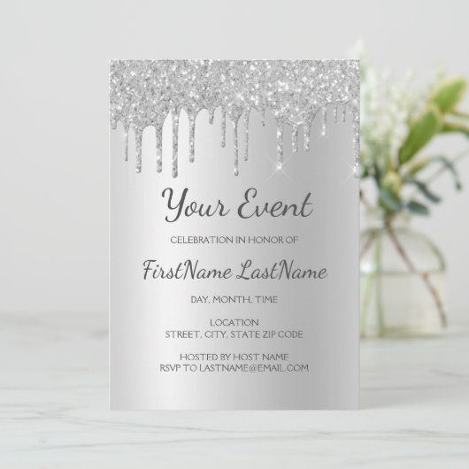 Silver Dripping Glitzer Sweet 16 Brautparty Einladung (Stehend Vorderseite)