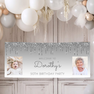 Silver Dripping Glitzer Two Foto 90. Geburtstag Banner