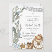 Silver Dusty Blue Cowboy Spanish Bautizo Einladung (Vorderseite)