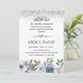 Silver Dusty Blue Floral Islamische Aqiqa Aqeeqa Einladung (Stehend Vorderseite)