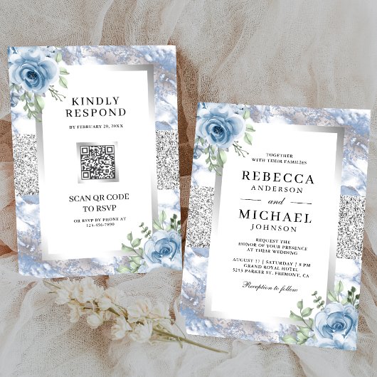 Silver Dusty Blue Floral Marble QR Code Wedding Einladung