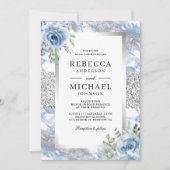 Silver Dusty Blue Floral Marble QR Code Wedding Einladung (Vorderseite)