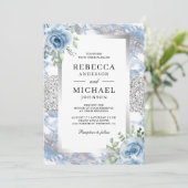 Silver Dusty Blue Floral Marble QR Code Wedding Einladung (Stehend Vorderseite)