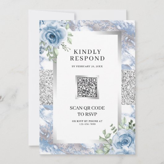 Silver Dusty Blue Floral Marble QR Code Wedding Einladung (Rückseite)