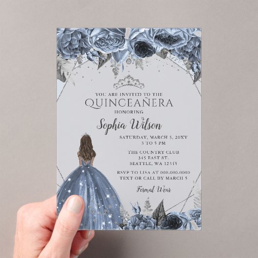 Silver Dusty Blue Floral Princess Quinceañera Acryleinladungen (Insitu (Handheld))