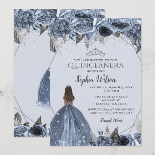 Silver Dusty Blue Floral Princess Quinceañera Einladung