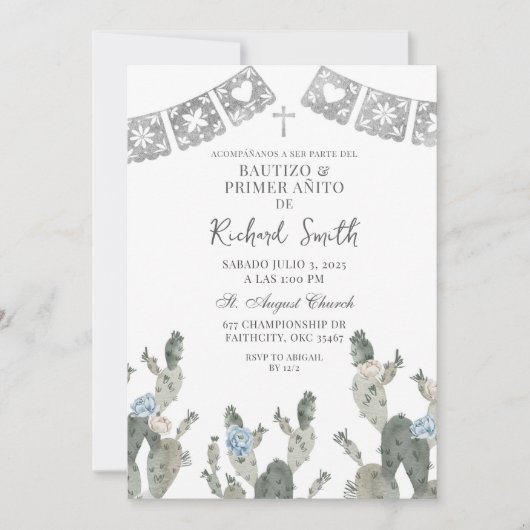 Silver Dusty Blue Mexican Cactus Bautizo Einladung (Vorderseite)