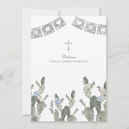 Silver Dusty Blue Mexican Cactus Bautizo Einladung (Rückseite)