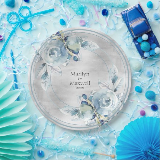 Silver Dusty Blue Peony Wedding 9 Inch Dinner Pappteller (Party)