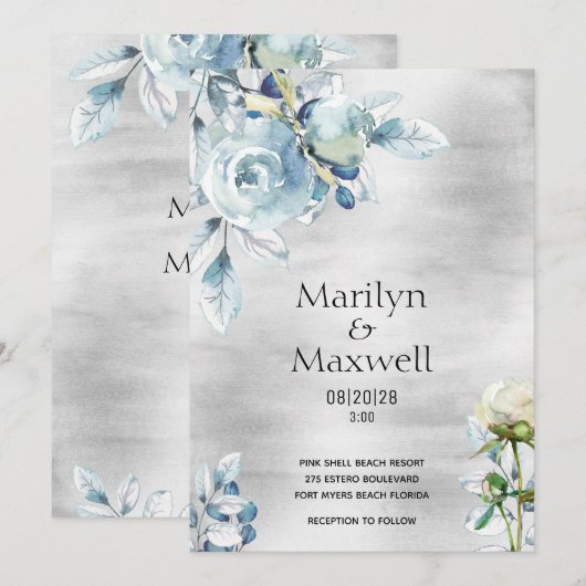 Silver Dusty Blue Peony Wedding Einladung (Vorne/Hinten)
