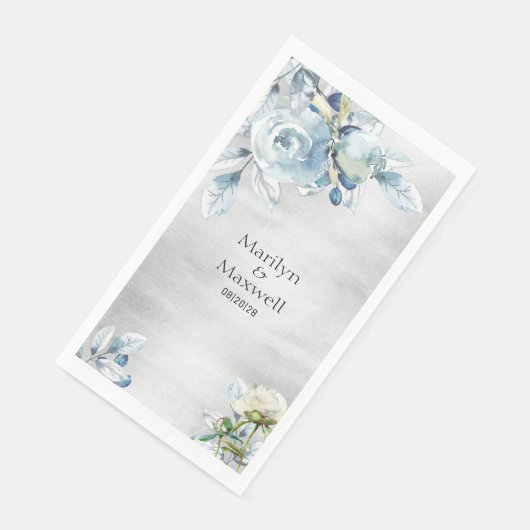 Silver Dusty Blue Peony Wedding Long Dinner Napkin Serviette (Ecke)