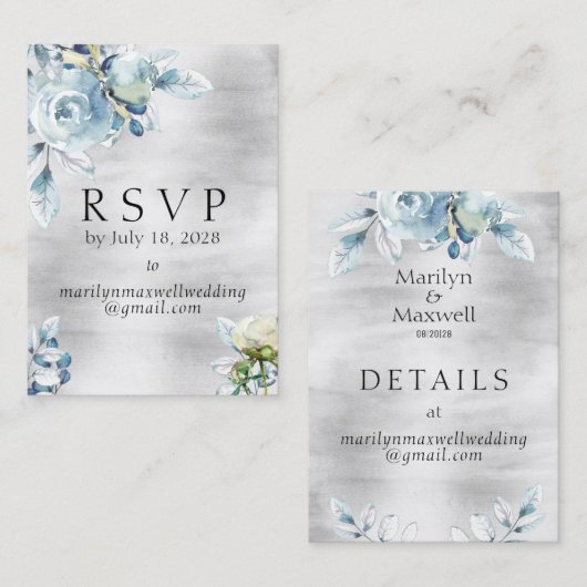 Silver Dusty Blue Peony Wedding Online UAWG Detail Visitenkarte (Vorne/Hinten)