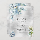 Silver Dusty Blue Peony Wedding speichern das Datu Ankündigung (Vorne/Hinten)