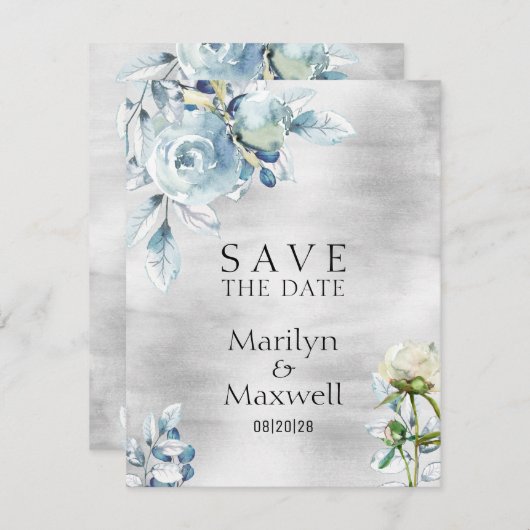 Silver Dusty Blue Peony Wedding speichern das Datu Ankündigung (Vorne/Hinten)