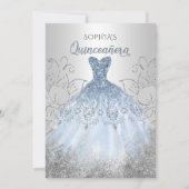 Silver Dusty Blue Sparkle Dress Quinceañera Quince Einladung (Vorderseite)