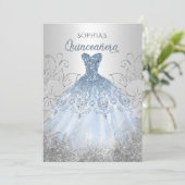 Silver Dusty Blue Sparkle Dress Quinceañera Quince Einladung (Stehend Vorderseite)