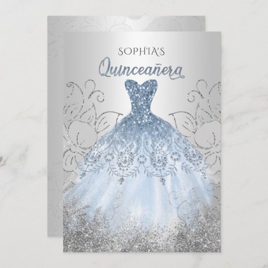 Silver Dusty Blue Sparkle Dress Quinceañera Quince Einladung (Vorne/Hinten)