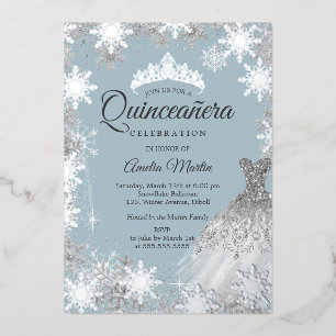 Silver Dusty Blue Winter Snowflake Quinceanera Folieneinladung
