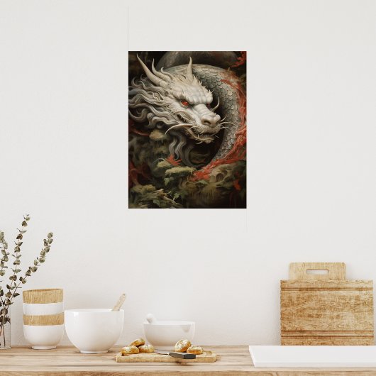 Silver Eastern Dragon Illustration Print/ Poster (Küche)