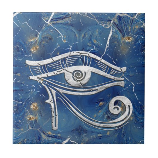 Silver Egyptian Eye of Horus  on blue marble Fliese (Vorderseite)