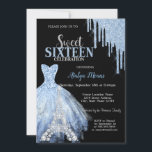 Silver Eiffel Tower Blue Glitter Drips Dress Black Einladung<br><div class="desc">Elegant silver diamonds,  Eiffel Tower blue dress,  and blue glitter drips on a black background.</div>