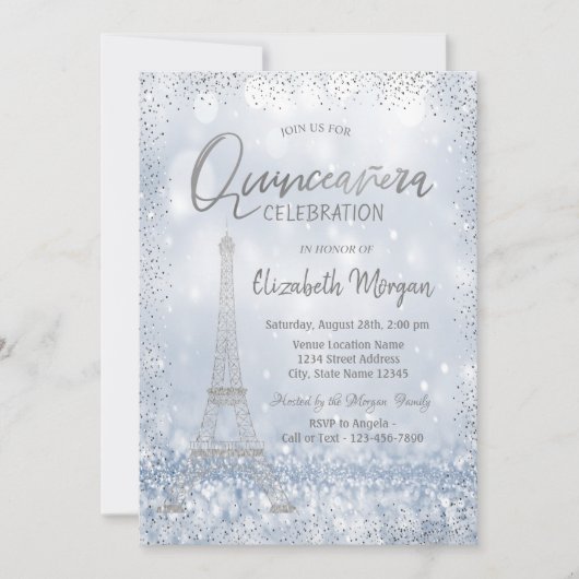 Silver Eiffel Tower Confetti Bokeh Quinceañera Einladung (Vorderseite)